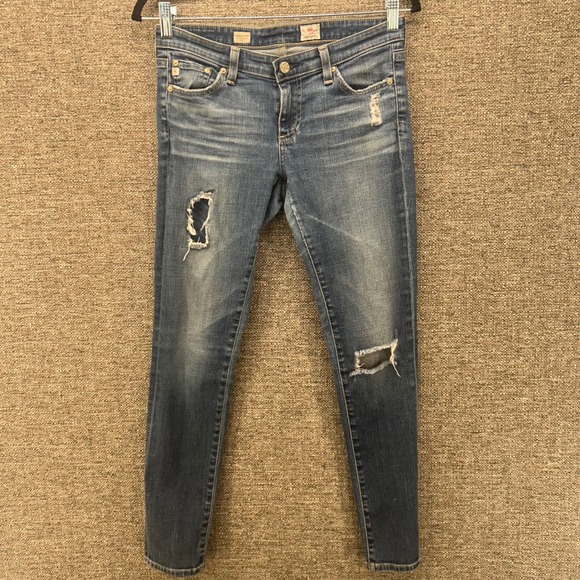AG Jeans‎ Wommans Legging Size 27R Ankle Super Skinny Distressed Blue Denim - Picture 1 of 16